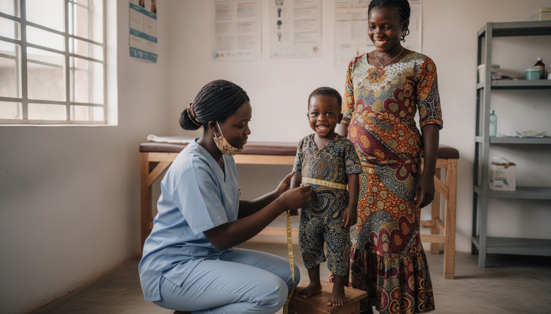 Health worker measuring a child's nutrition progress in a clinic